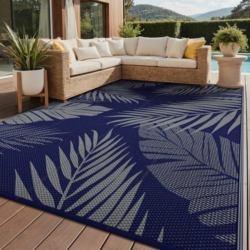 Vista 24 de GENIMO - Alfombra para exteriores de 6 x 9 pies, para patio, espacios amplios, reversible, de pajillas de plástico, alfombra impermeable para Azul