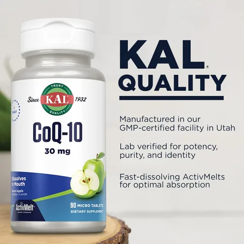 Vista 4 de KAL CoQ10 30 mg, fórmula antioxidante, suplemento CoEnzyme Q10 para la salud del corazón y apoyo de energía celular, ActivMelts de disolución