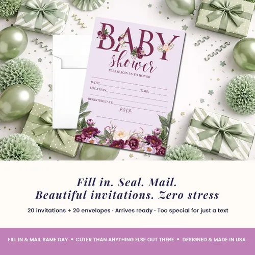 Vista 3 de AmandaCreation - Invitaciones florales para baby shower, 20 tarjetas de relleno de 5 x 7 pulgadas con veinte sobres blancos