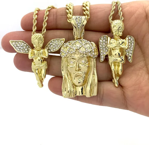Vista 3 de Shiny Jewelers USA Juego de collar de cadena con colgante de Jesús dorado para hombre, manos rezando, Ankh, cruz, ángel hip hop