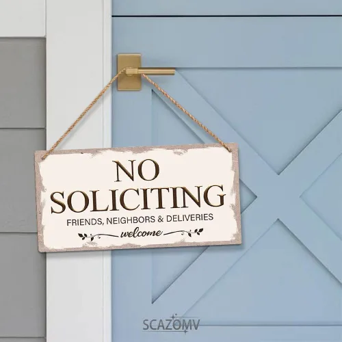 Vista 4 de No Soliciting Family Friends Neighbors Deliveries - Cartel de bienvenida divertido de madera rústica para puerta delantera, estilo vintage