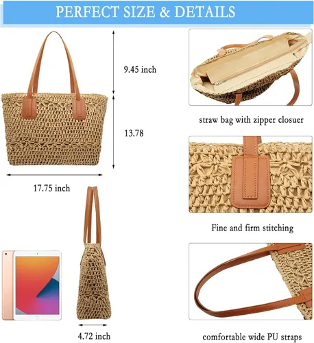 Vista 3 de Fozehlad Womens Straw Beach Tote Bag with Zipper,Summer Straw Hobo Bags,Woven Rattan Handmade Shoulder Handbags for vacation