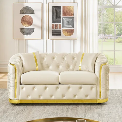 Vista 6 de Sofá Chesterfield de 62.6 pulgadas, moderno de mediados de siglo, sofá de terciopelo blanco beige y dorado, sofás de lujo para sala de estar