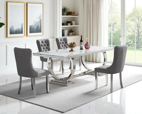 Vista 41 de Juego de mesa de comedor de 5 piezas para 4, mesa de cocina de mármol negro de 68 pulgadas con 4 sillas beige, mesa de comedor rectangular moderna