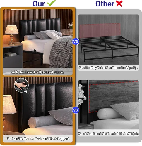 Vista 5 de Besiost Base de cama de tamaño individual con cabecera ajustable de 3 alturas, cama de plataforma tapizada de cuero con luz LED y estación de carga