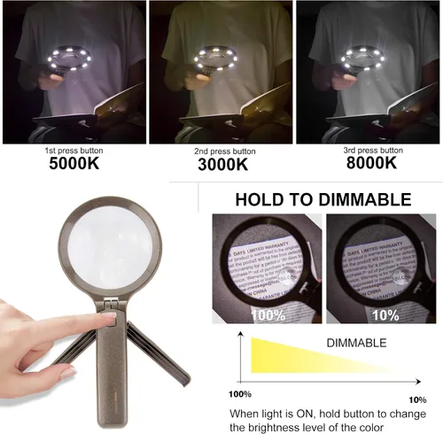 Vista 2 de HONWELL Lupa con luz – 3 x 5 aumentos, 3 modos 16 LED, funciona con pilas para leer, inspección, monedas, pasatiempos