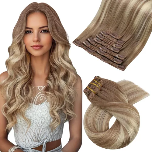 Vista 105 de Moresoo Extensiones de cabello humano con clip, balayage, color marrón oscuro a marrón dorado con clip, extensiones de cabello humano con clip, 5