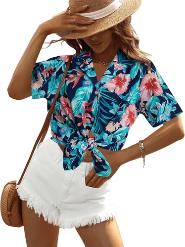 Vista 5 de Camisa hawaiana hawaiana para mujer, con hojas florales, camiseta de playa tropical, camisa con botones, camisas de vacaciones de verano