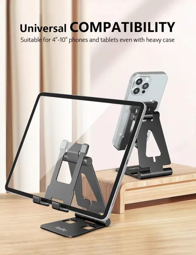 Vista 7 de Aoviho Soporte plegable para teléfono celular para escritorio, soporte ajustable para oficina, videollamadas y transmisión, base de teléfono de Negro