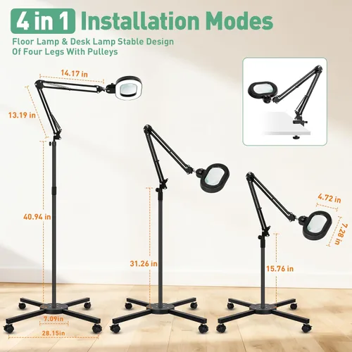 Vista 7 de Lámpara de mesa de aumento de 2 en 1 con luz y soporte, rotación de tres ejes, color infinito, atenuable, lupa iluminada de 12 aumentos, banco