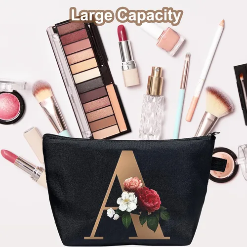 Vista 2 de CTNUOBEE Bolsa de comestic con letras del alfabeto dorado con bolsa de maquillaje de flores, bolsa de viaje portátil con cremallera, bolsa de aseo