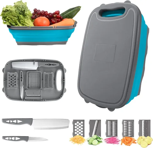 Vista 13 de Tabla de cortar para acampar, HI NINGER - Tabla de cortar plegable con colador, tabla de cortar multifuncional 9 en 1, cesta de lavado de verduras
