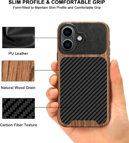 Vista 3 de TENDLIN Compatible con iPhone 16 Funda de teléfono de grano de madera con textura de fibra de carbono, diseño de cuero híbrido delgado (negro)