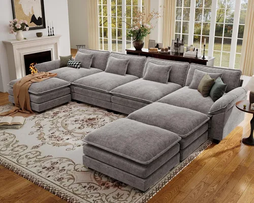 Vista 35 de Sofá modular de gran tamaño de 154 pulgadas, cómodo sofá en forma de U con 3 otomanas móviles, sofá moderno de felpilla de 7 plazas para sala