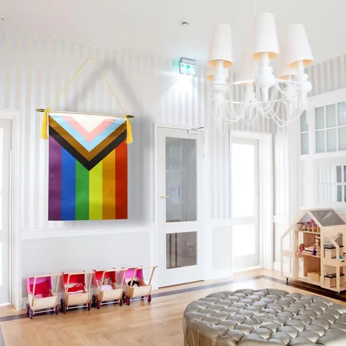 Vista 3 de CANTENDO Paquete de 2 banderas de pared con diseño de arco iris del progreso del orgullo progresivo, bandera colgante gay LGBTQ con poste colgante