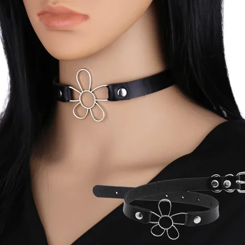 Vista 3 de Gargantilla gótica de PU para mujer, 2 piezas, anillo redondo, diseño de flores, collar de cuero para mujer