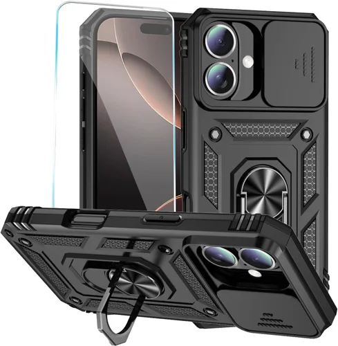 Vista 6 de Funda para teléfono SunStory para iPhone 11 con protector de pantalla HD y cubierta deslizante para la cámara y soporte giratorio con anillo