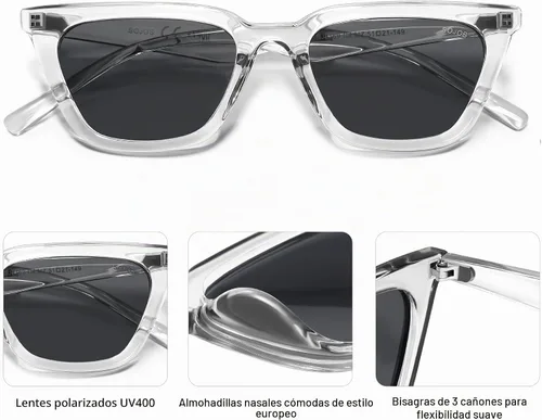 Vista 4 de SOJOS Gafas de sol polarizadas cuadradas estrechas estilo ojos de gato para mujeres, retro, modernas, para conducir SJ2169 Gris transparente/Gris