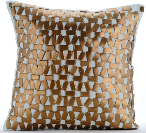 Vista 10 de The HomeCentric Funda de cojín para sofá, 12 x 12 pulgadas, funda de almohada decorativa cuadrada de lino azul claro con zardozi y cuentas bordadas