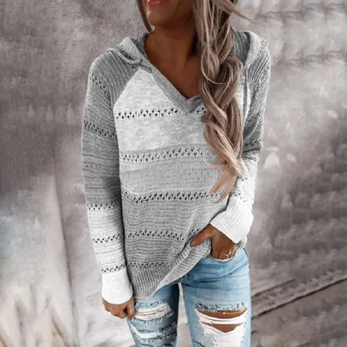 Vista 2 de YAnGSale Suéter casual de retazos para mujer, con capucha, de moda, de manga larga, con capucha, de punto, Blanco