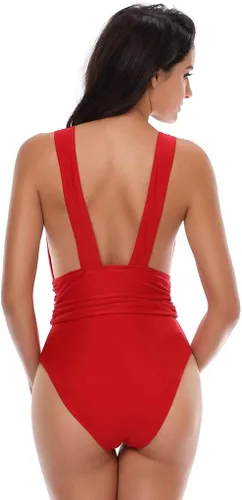 Vista 3 de Save - Bañador para mujer con cuello en V y cintura alta, 1 pieza, color sólido
