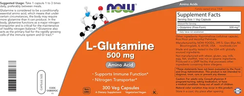 Vista 4 de Now L-Glutamina 500mg 300 cápsulas vegetales - Suplemento sin OMG - Cápsulas veganas de lglutamina