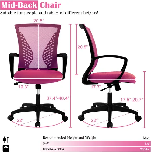 Vista 18 de Silla de oficina en casa, silla de escritorio ergonómica, respaldo medio, silla de computadora de PC con soporte lumbar y reposabrazos, silla