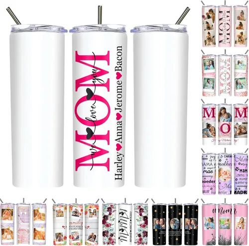 Vista 27 de Regalos para el Día de la Madre, vaso personalizado con foto de mamá, vasos delgados con tapa de nombre y pajita, 20 onzas, taza de café de viaje