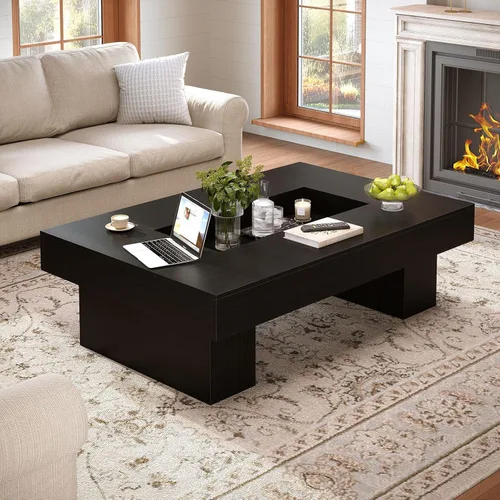 Vista 7 de LVB - Mesa de café negra, mesa de sala moderna de madera con LED y almacenamiento, mesa central única de gran tamaño y forma rectangular con luz