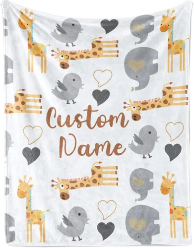 Vista 23 de KAINSY Manta personalizada de animales para niños y niñas, safari en la selva, manta con nombre personalizado para cama de cuarto de bebé
