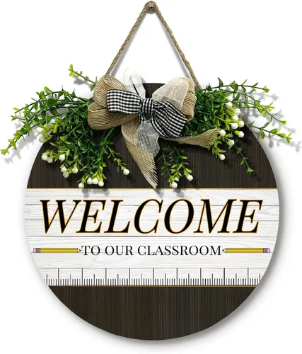 Vista 29 de Señal de puerta de maestro para aula Dacawin Señal de puerta de aula de madera para maestros Guirnalda de arco iris para puerta de aula Placa