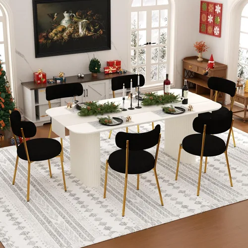Vista 22 de Juego de mesa de comedor ovalada negra moderna de 70.9 pulgadas para 4, mesa de cocina rectangular estilo crema con sillas negras Boucle, juego