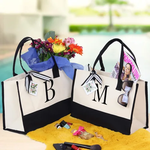 Vista 2 de Personalized Gift Monogram Initial 100% Cotton Two Tone Chic Tote Bag with Customize Option - Black