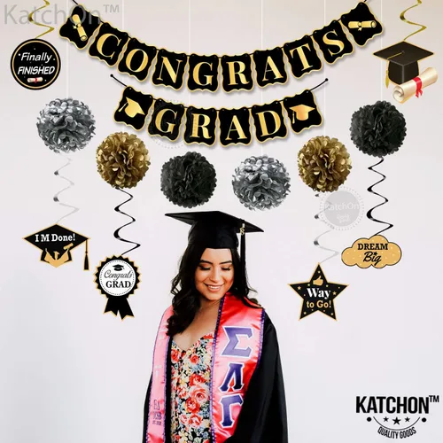 Vista 9 de KatchOn, Decoraciones de fiesta de graduación negras y doradas 2026 – Paquete de 13 Remolinos colgantes de graduación para fiesta de graduación