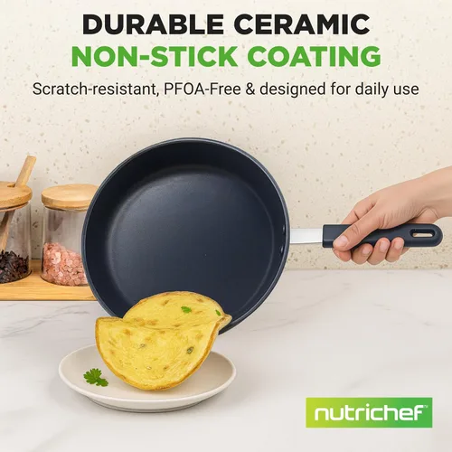 Vista 3 de NutriChef Sartén pequeña antiadherente de 8 pulgadas, sartén de cerámica con mango de silicona, revestimiento de cerámica, resistente a las manchas