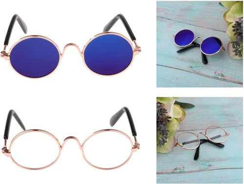 Vista 4 de Esquirla 2 pares de gafas de sol redondas retro de 1/6 BJD para muñecas, disfraz, accesorios de cosplay, azul y transparente