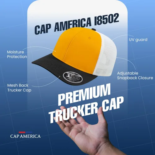 Vista 5 de Cap America i8502 Flexfit 110 Premium - Gorra de camionero de perfil medio con 6 paneles de malla trasera con protección UV y cierre ajustable