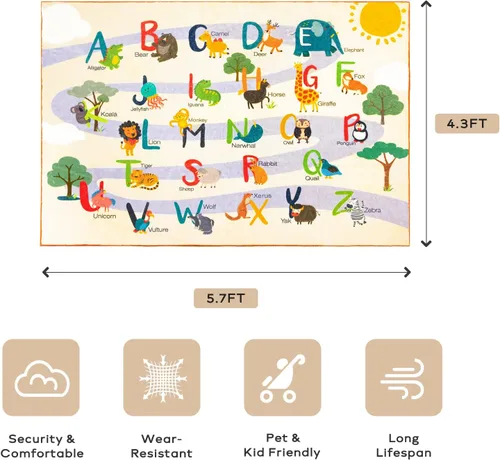 Vista 2 de Ashler - Alfombra infantil con alfabeto y animales para sala de juegos, 5.7 x 4.3 pies, alfombra de juego educativa para niños pequeños, alfombra