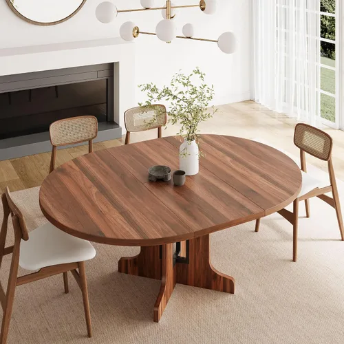 Vista 11 de Feonase Mesa de comedor redonda extensible de 59 pulgadas para 4-6, moderna mesa de cocina ovalada con base de madera resistente, soporte de marco