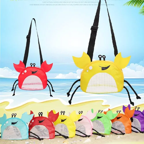 Vista 7 de Bolsa de malla de cangrejo para playa, bolsas de recolección de conchas de playa, juguetes de conchas de playa, correa ajustable para el hombro