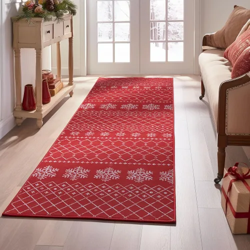 Vista 9 de COLLACT Alfombra de pasillo de Navidad de 2 x 10 pies, color verde sobre crema, alfombra de camino de árbol de Navidad, alfombra lavable, alfombra