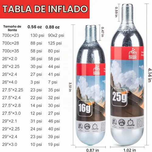 Vista 5 de Cartuchos de CO2 roscados de 0.56 oz/0.88 oz - Cilindro de CO2 para infladores de neumáticos de bicicleta - Gran recarga para neumáticos