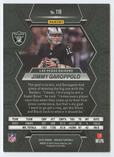 Vista 2 de 2023 PANINI MOSAIC # 118 JIMMY GAROPPOLO LAS VEGAS RAIDERS TARJETA OFICIAL DE FÚTBOL DE LA NFL
