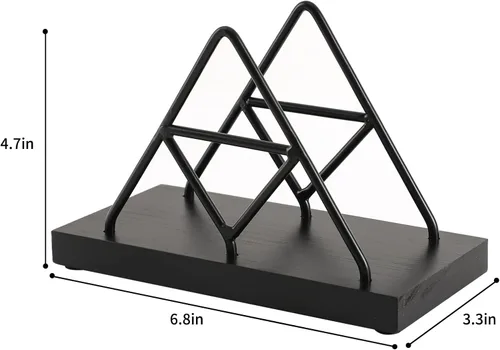 Vista 5 de Servilletero, forma triangular de alambre de metal y soporte de toalla de papel de madera, servilletero para mesa, dispensador de servilletas
