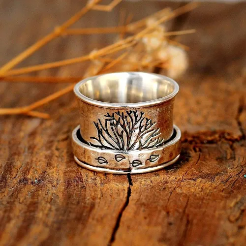 Vista 5 de Anillo giratorio de árbol de la vida para mujeres y hombres, antiansiedad, gira libremente, inspiraciones, alivio del estrés, apilable, dedo medio