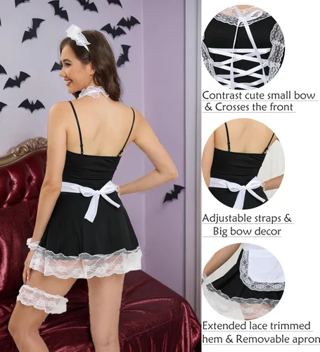 Vista 5 de Disfraz de sirvienta de Halloween para mujer, lindo delantal clásico con ribete de encaje, mini vestido de sirvienta