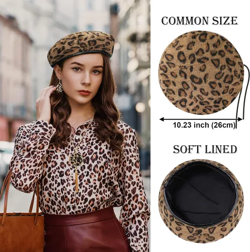 Vista 3 de Juego de 4 joyas de leopardo para mujer, aretes con estampado de leopardo, gorro de boina francés, borla larga, collar con dije de guepardo, pulsera