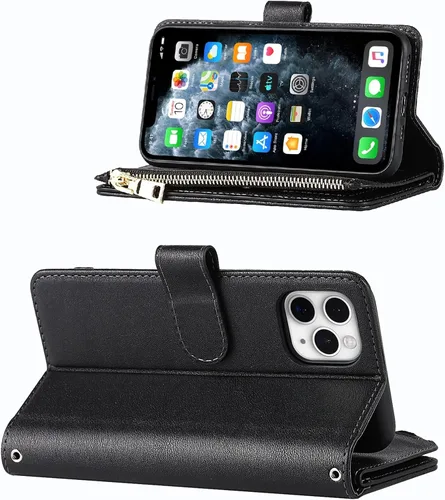 Vista 3 de Funda cruzada para iPhone 11 Pro Max con correa, 6.5 pulgadas, color negro for Women Men,Credit Card Holder,9 Card Slots,Purse,Long Shoulder