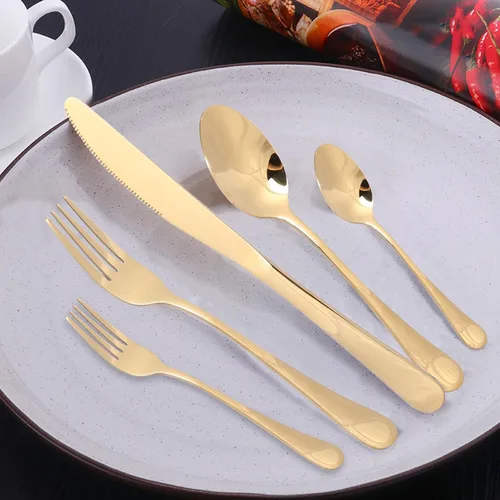 Vista 2 de Juego de cubiertos de acero inoxidable, juego de vajilla de 20 piezas, elegante cuchillo, tenedor, cuchara, cubiertos, servicio para 4 (dorado)