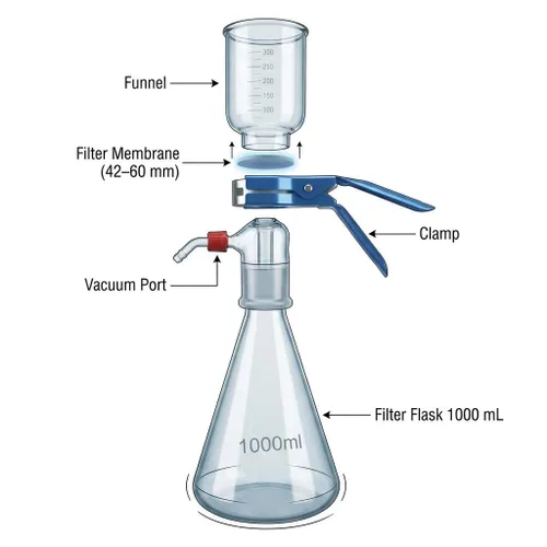 Vista 3 de QWORK Aparato de Destilación de Filtración al Vacío de Vidrio, 1000ml - Incluye Embudo Graduado, Matraz de Filtro, Abrazadera - Tamaño de Poro de 10